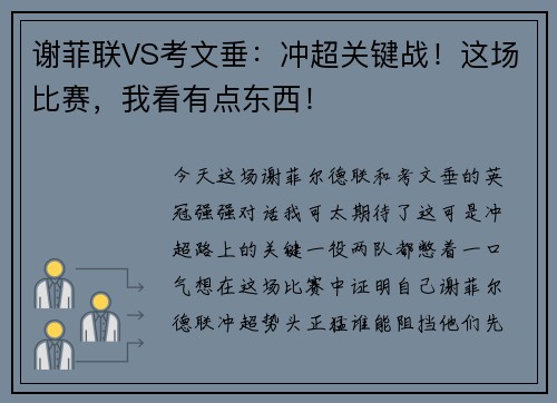 谢菲联VS考文垂：冲超关键战！这场比赛，我看有点东西！